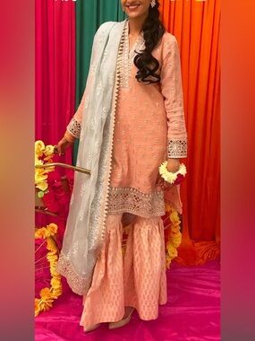 Peach Kurta with Gharara & Pistachio Dupatta
